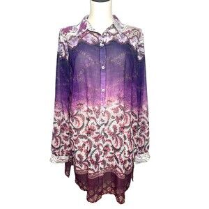 Susan Gravr Purple Floral Blouse Large Button Down Shirt Long Sleeve